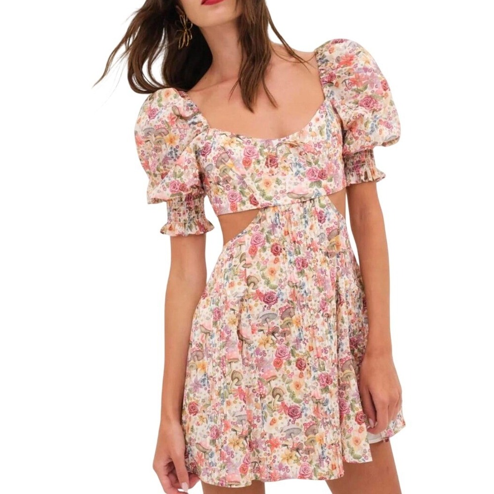 For Love & Lemons Arya Mushroom Cutout Mini Dress Floral Puff Sleeve Small NEW
